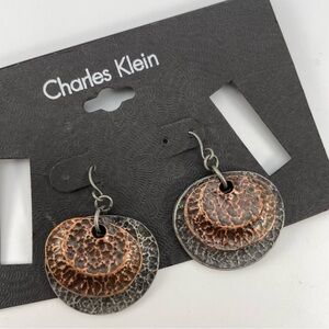 NWT Charles Klein Hammered Copper & Silver Tone Dangle Earrings Boho Chic